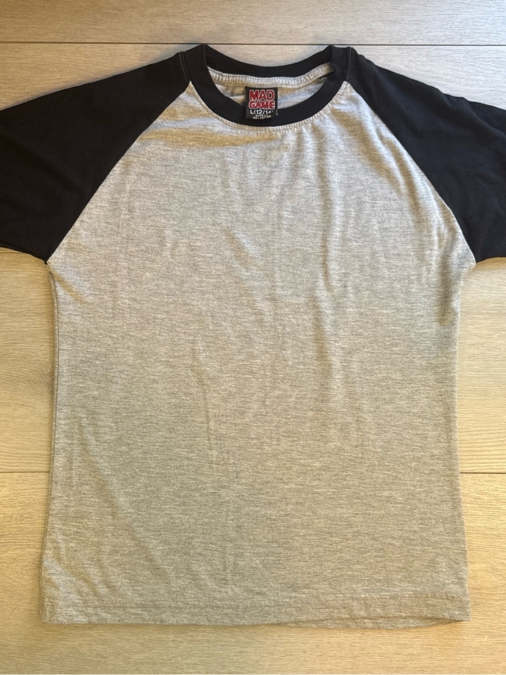 Mad Game Boys Large 12/14 Shirt Gray Black Raglan Baseball Tee 100% Cotton